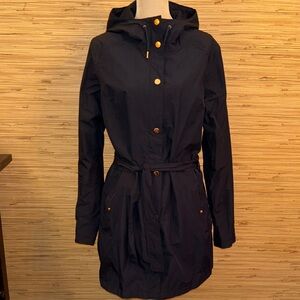 Helly Hansen Navy Hooded Trench Coat with Gold Hardware